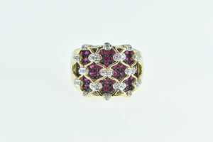 14K Ornate Diamond Ruby Lattice Statement Band Ring Yellow Gold