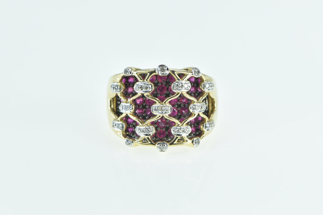 14K Ornate Diamond Ruby Lattice Statement Band Ring Yellow Gold