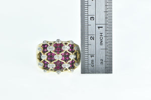14K Ornate Diamond Ruby Lattice Statement Band Ring Yellow Gold