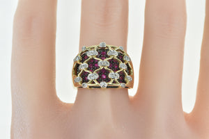 14K Ornate Diamond Ruby Lattice Statement Band Ring Yellow Gold