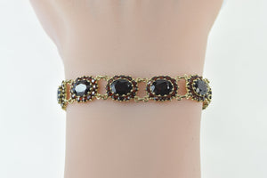 10K Oval Garnet Halo Vintage Cluster Statement Bracelet 6.75" Yellow Gold