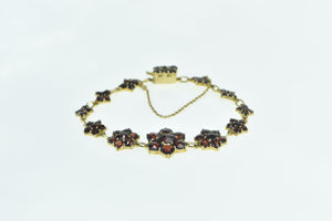 10K Garnet Flower Cluster Vintage Chain Statement Bracelet 6.5" Yellow Gold