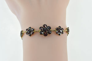 10K Garnet Flower Cluster Vintage Chain Statement Bracelet 6.5" Yellow Gold