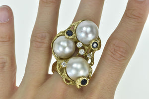 18K Pearl Sapphire Diamond Statement Cluster Ring Yellow Gold