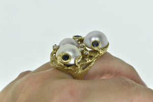 18K Pearl Sapphire Diamond Statement Cluster Ring Yellow Gold