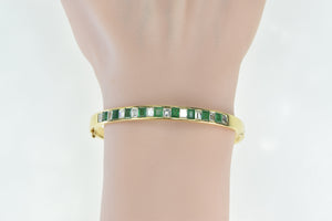 18K 3.90 Ctw Emerald Diamond Vintage Oval Bangle Bracelet 6.75" Yellow Gold