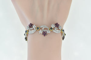 18K 9.40 Ctw Diamond Ruby Sapphire Floral Swirl Bracelet 7.5" White Gold