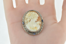 Load image into Gallery viewer, 14K Art Deco Filigree Cameo Floral Lady Sapphire Pendant/Pin White Gold