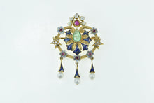 Load image into Gallery viewer, 18K Elaborate Emerald Enamel Ruby Diamond Fringe Pendant/Pin Yellow Gold