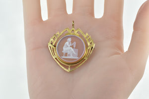 14K Carved Seated Lady Agate Cameo Pendant/Pin Yellow Gold