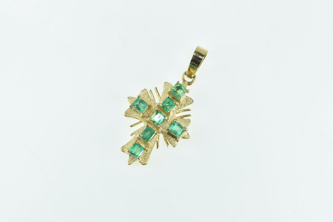 18K 1.00 Ctw Victorian Natural Emerald Cross Pendant Yellow Gold