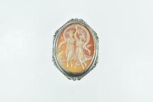 14K Victorian Carved Dancing Muses Cameo Ornate Pin/Brooch White Gold