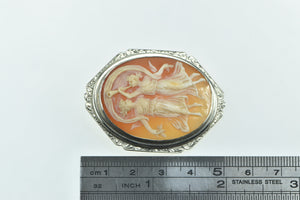 14K Victorian Carved Dancing Muses Cameo Ornate Pin/Brooch White Gold