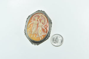 14K Victorian Carved Dancing Muses Cameo Ornate Pin/Brooch White Gold