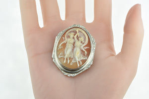 14K Victorian Carved Dancing Muses Cameo Ornate Pin/Brooch White Gold