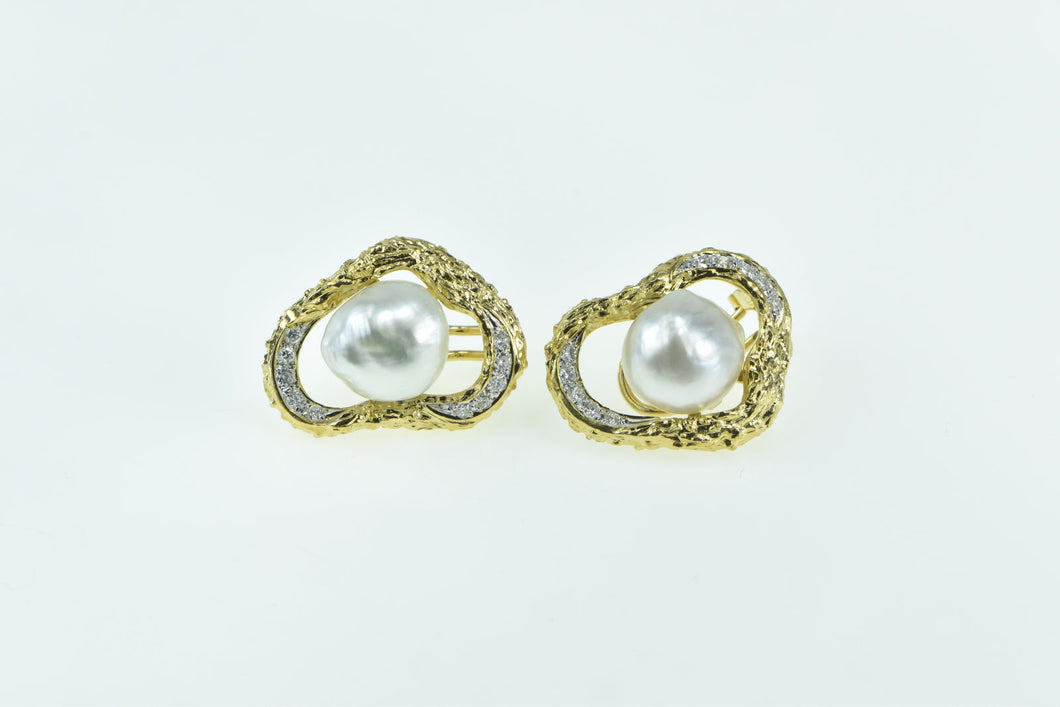 18K Ornate Pearl Diamond Loop French Chip Earrings White Gold