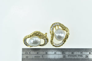 18K Ornate Pearl Diamond Loop French Chip Earrings White Gold