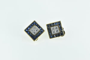 18K Square Diamond Sapphire Statement Clip Earrings Yellow Gold