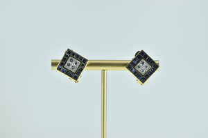 18K Square Diamond Sapphire Statement Clip Earrings Yellow Gold