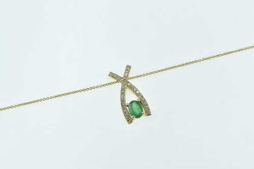 14K Oval Emerald Diamond X Criss Cross Chain Necklace 16