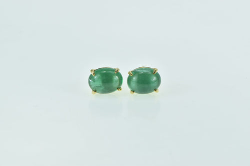 18K Oval Emerald Cabochon Vintage Stud Earrings Yellow Gold