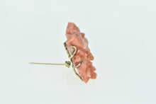 Load image into Gallery viewer, 14K Carved Peach Coral Ornate Bird Nature Scene Pin/Brooch Yellow Gold