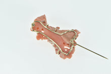 Load image into Gallery viewer, 14K Carved Peach Coral Ornate Bird Nature Scene Pin/Brooch Yellow Gold