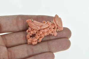 14K Carved Peach Coral Ornate Bird Nature Scene Pin/Brooch Yellow Gold