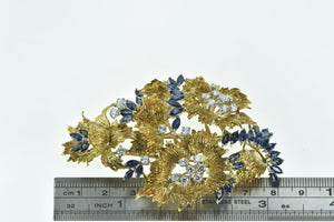 18K 6.94 Ctw Sapphire Diamond Ornate Flower Pin/Brooch Yellow Gold