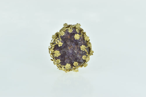 18K Ornate Amethyst Geode Floral Vine Framed Pin/Brooch Yellow Gold