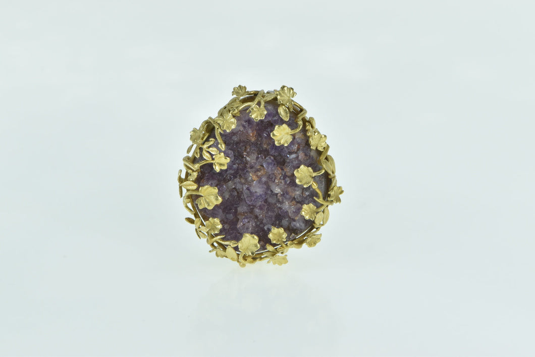 18K Ornate Amethyst Geode Floral Vine Framed Pin/Brooch Yellow Gold