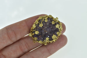 18K Ornate Amethyst Geode Floral Vine Framed Pin/Brooch Yellow Gold