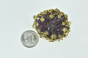 18K Ornate Amethyst Geode Floral Vine Framed Pin/Brooch Yellow Gold