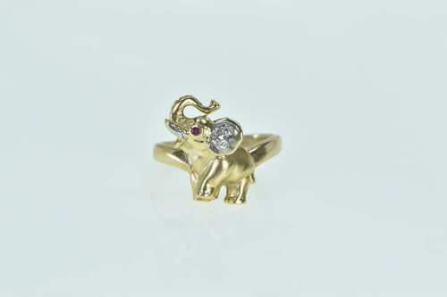 14K Elephant Ruby Diamond Patience Symbol Ring Yellow Gold