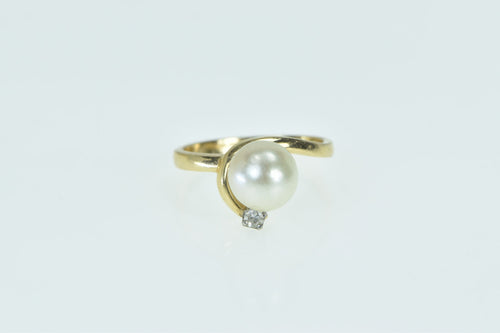 14K Cultured Pearl Diamond Ornate Curvy Vintage Ring Yellow Gold