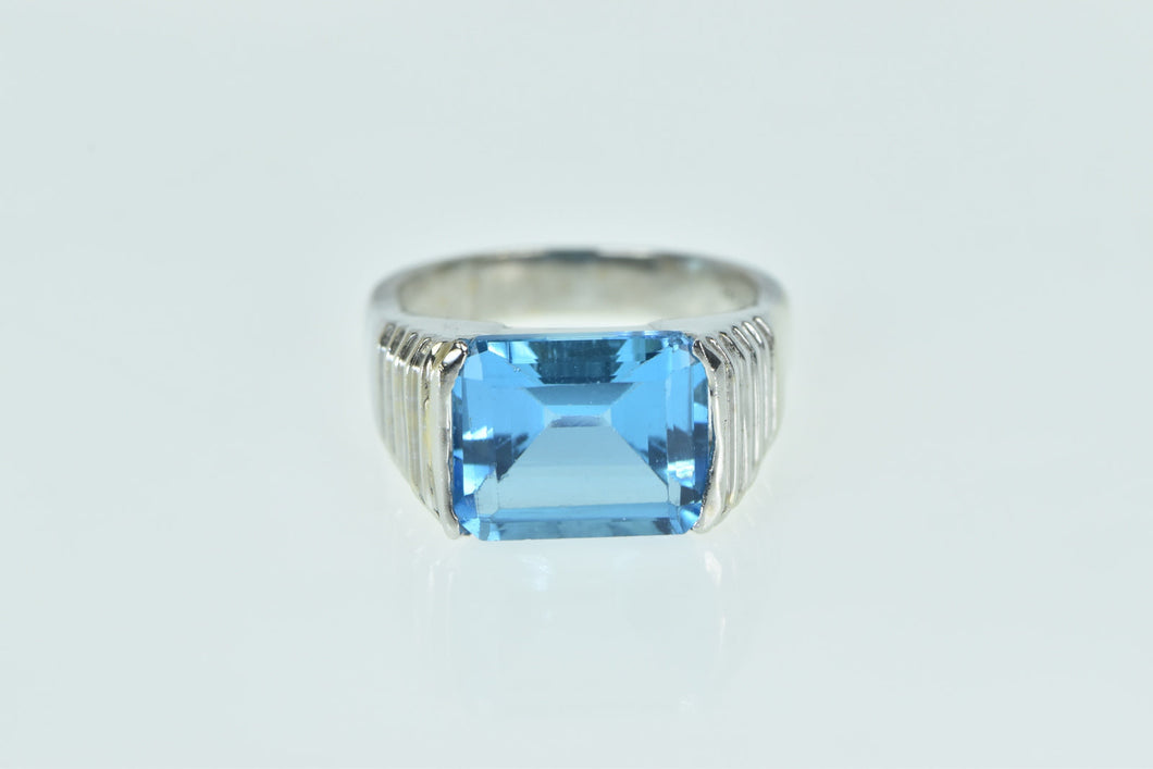 14K Emerald Cut Blue Topaz Squared Statement Ring White Gold