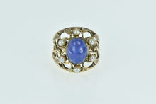 Load image into Gallery viewer, 14K Oval Syn. Star Sapphire Pearl Leaf Vine Cocktail Ring Yellow Gold