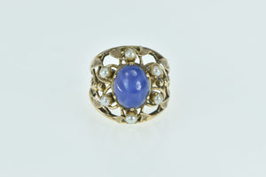 14K Oval Syn. Star Sapphire Pearl Leaf Vine Cocktail Ring Yellow Gold