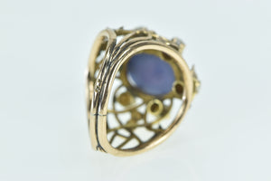 14K Oval Syn. Star Sapphire Pearl Leaf Vine Cocktail Ring Yellow Gold