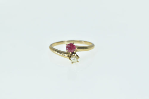 14K Victorian Pearl Syn. Ruby Ornate Vintage Bypass Ring Yellow Gold