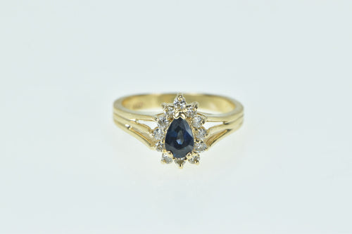 14K Pear Natural Sapphire Diamond Halo Engagement Ring Yellow Gold