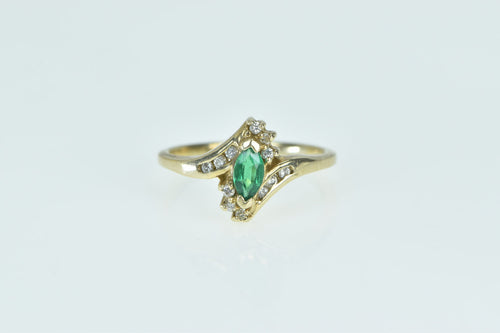 10K Marquise Emerald Diamond Halo Bypass Ring Yellow Gold