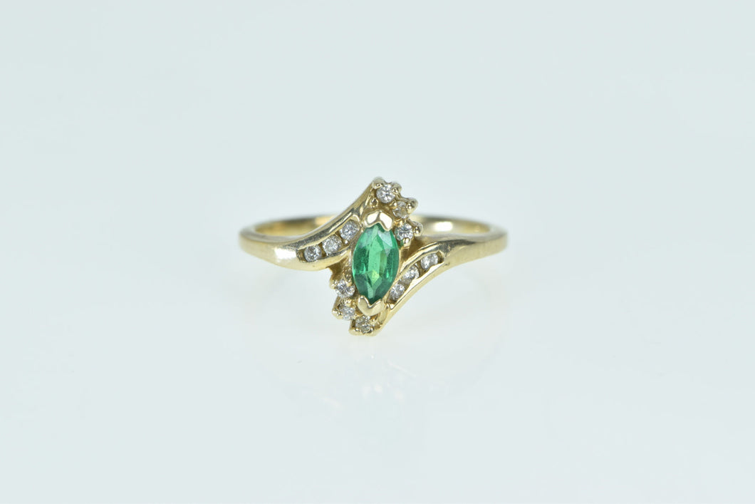 10K Marquise Emerald Diamond Halo Bypass Ring Yellow Gold