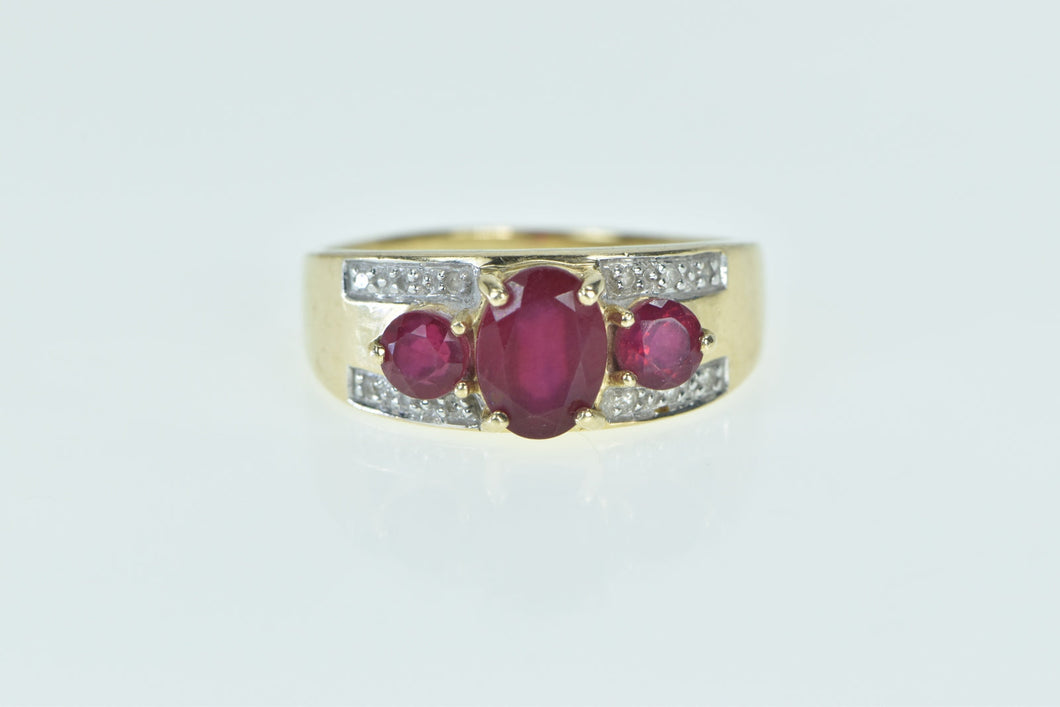 10K Natural Ruby Diamond Three Stone Vintage Ring Yellow Gold