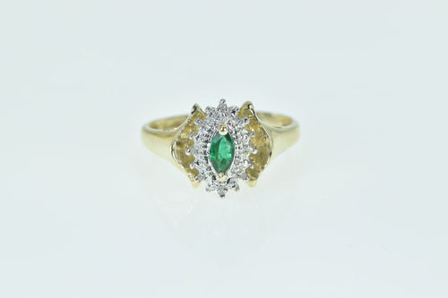 10K Marquise Syn. Emerald Diamond Halo Vintage Ring Yellow Gold