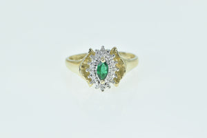 10K Marquise Syn. Emerald Diamond Halo Vintage Ring Yellow Gold