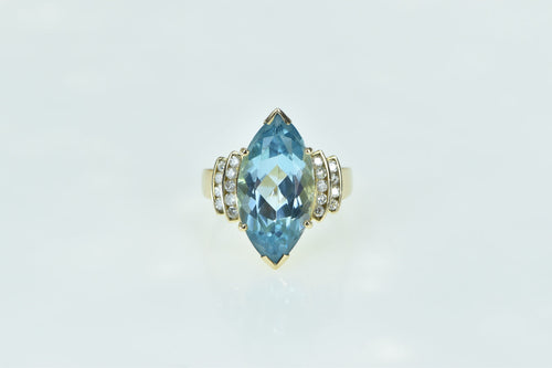 14K Marquise Blue Topaz Diamond Statement Ring Yellow Gold