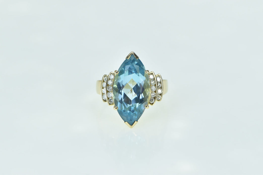 14K Marquise Blue Topaz Diamond Statement Ring Yellow Gold