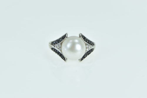 14K Pearl Black & White Diamond Statement Fashion Ring White Gold