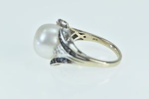 14K Pearl Black & White Diamond Statement Fashion Ring White Gold